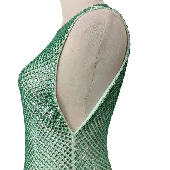Self Portrait Mint Rhinestone Mesh Midi Dress US 2